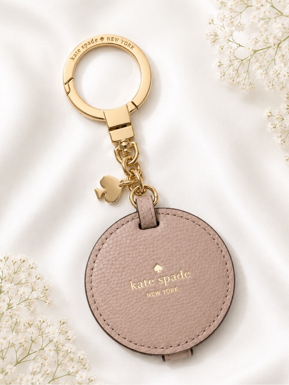 kate spade Beige Pebbled Leather Round Key Fob with Gold Hardware